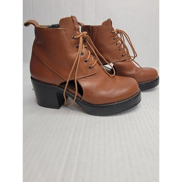 TopShop Booties Sz. 37 6.5 Chunky Heel Cutout Ankle Boots Leather Tan Lace Up - Picture 2 of 11